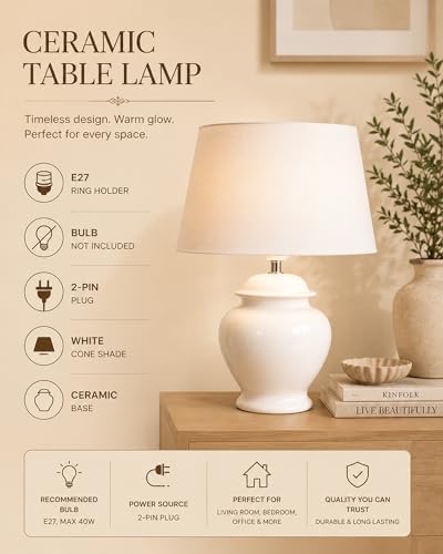 Image of Homesake Ceramic White Pot Base LED Table Lamp with Shade, Table Lamp for Bedroom Living Room, Modern Bedside Light, Nightstand Lamp for Home Office, Minimalist Style Accent Lighting Decor, (Daisy)