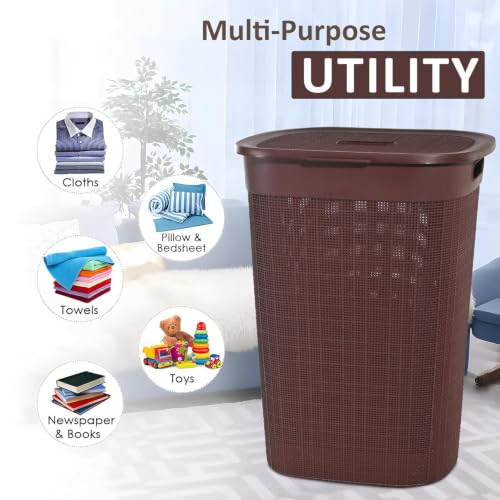 Image of 70 Ltr Plastic Big Laundry Basket for Clothes with Lid & Carry Handles | Lightweight & Ventilated Design Cloth Basket - Ideal for Home Organization and Storage | Brown