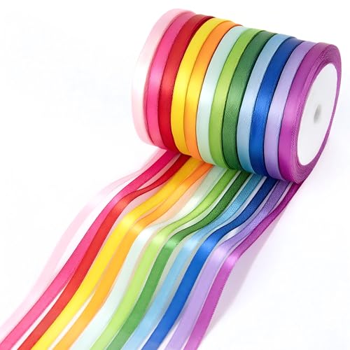 KICNIC Ribbon 12 Colors 6mm Ribbons for Gift Wrapping Satin Ribbon Fabric Ribbon Coloured Ribbon for Balloon Hair Bows Cake Wedding Florist Sewing (22M per Roll)