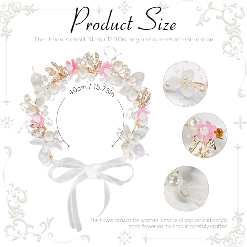 BYETOCE Pearl Hair Crown with Pink & Metallic Floral, Aestheticism Flower Wreath Headpiece for Bride Bridesmaids Hair Accessories, Headband Headpiece for Fairy Party Birthday Dressing
