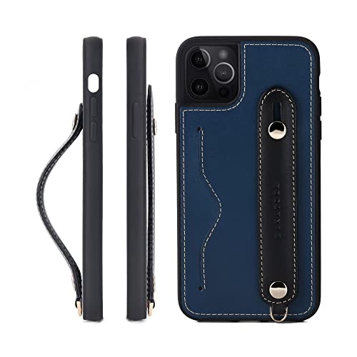 iPhone13 Pro Max ケース 本革 グリップケース レザー ストラップ付属 イタリア製牛革 ヌメ革 片手操作 カード収納 スタンド機能 メンズ レディース ブルー/ブラック CGH-13ProMax-Blue-BK