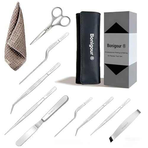 Bonigour | Pastry Chef's Plating Tools Culinary Set | 10 Piece Professional Pastry Chef Plating Utensils | Spatula, Tweezers, Chef Scissors for Biscuit Decoration, Platig | Stainless Steel (Silver)