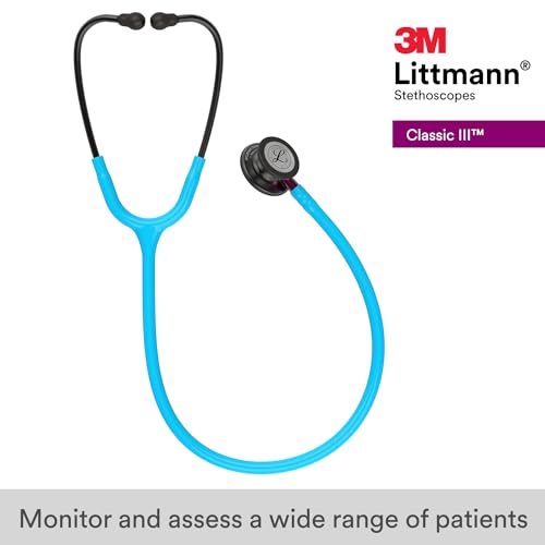Image of 3M Littmann Classic III Monitoring Stethoscope, 5872, More Than 2X as Loud, Weighs Less, Stainless Steel Smoke-Finish Chestpiece, 27 inch Turquoise Tube, Pink Stem, and Smoke Headset, (Pack of 3)