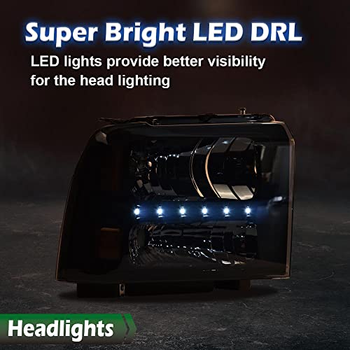 Image of GRAND ORANGE LED DRL Headlights Assembly, Compatible with 2005 2006 2007 Ford F250 F350 F450 F550 Super Duty bumper Headlamp, Amber Corner Headlight(Smoky lens Black Housing Amber Reflector)