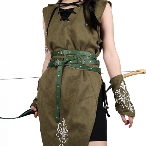 Image of HiiFeuer Medieval DIY Faux Leather Metal Chain Belt, Vintage Adjustable Thin Belt For Women, Retro Skinny Belt For Dresses (Green A)