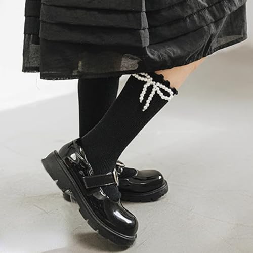 4 Pairs Girls' Princess Style Calf Knee High Socks with Pearl Bowknot Flowers, Cute Black White Stockings for 1-12 Years Old4