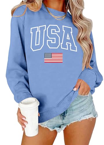 Image of PECHAR USA Sweatshirt Women American Flag Sweater 4th of July Shirts Patriotic Sweater Fourth of July Pullover
