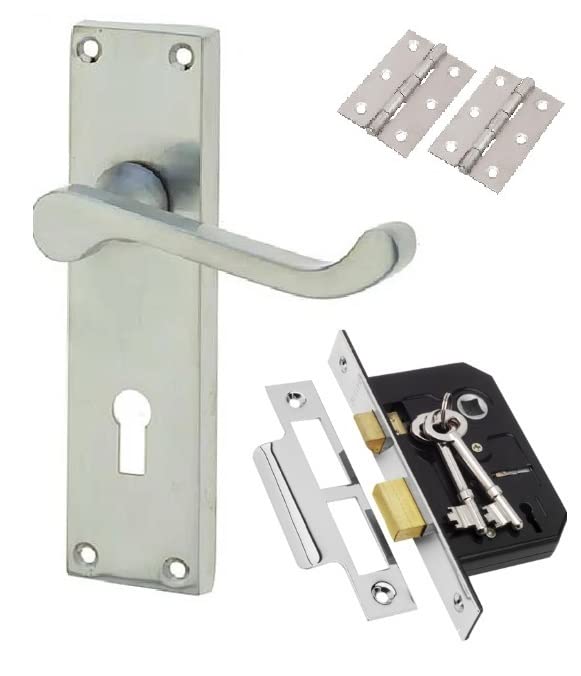 Golden Grace Victorian Scroll Door Handles in Satin Brushed Chrome with 2 Lever Lock, 2 Keys & 1 Pair of 3" Hinges - Lock Pack