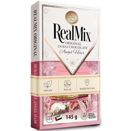REALMIX Rosa Schokolade direkt aus Dubai - Exotische Premium Schokoladentafel mit Himbeeraroma gefüllt mit Zuckerwatte und Pistazien - Authentischer Dubai Schokolade (145g Rosa Schokolade)