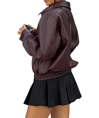 SOMTHRON Women's Oversized Faux Leather Jacket Long Sleeve Boyfriend Motorcycle Full Zip Up Bomber Coats Outerwear2