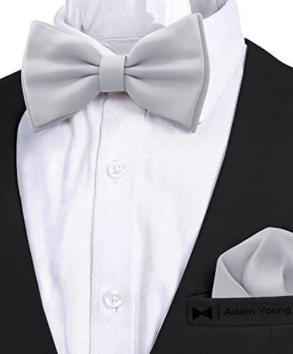 Image of Adam Young Men's Bow Ties with Handkerchief Pre-Tied Style Formal Satin Classic Bowtie for Tuxedo Faux Silk