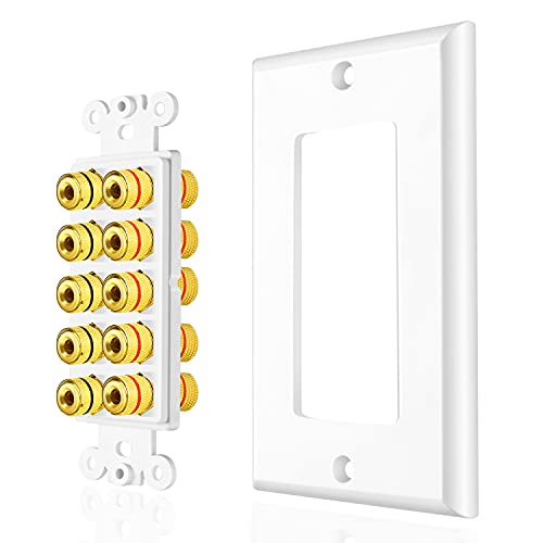 Tnp Home Theater Speaker Wall Plate Outlet - 5 Speaker Sound Audio Distribution Panel Gold Plated Copper Banana Plug Binding Post Connector Insert Jack Coupler (5 Pair, Single Gang, White) #TOP4