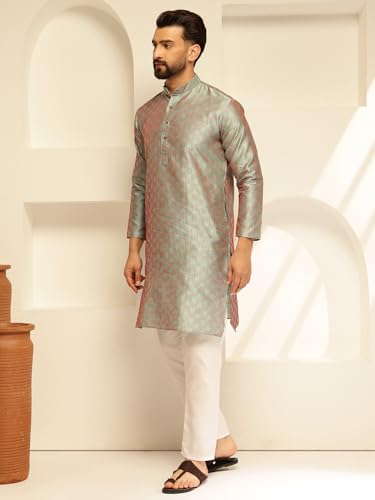 Image of SOJANYA (Since 1958 Men's Jacquard Silk Contrast Red Thread Woven Design Kurta With Pyjama