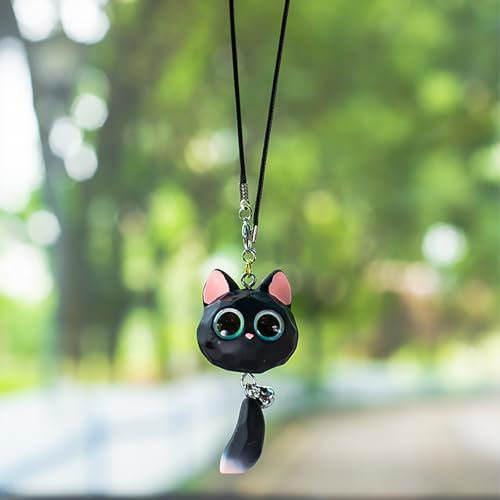 Bonito Adorno Colgante de Coche, Colgante De Decoración De Espejo Gato Retrovisor De Coche Decoración Cute Cat Interior De Coche Lindo Accesorios de Decoración para Coche Regalo de Cumpleaños,Negro