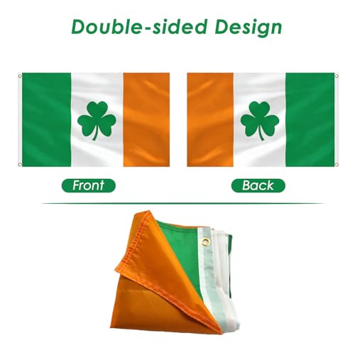 Image of AhfuLife Irish Shamrock Flag Banner 3x5 Ft for St Patrick's Day Decorations, 1 Pc Large Ireland Shamrock Flag - Double Sided with Brass Eyelets for Irish National Day, Outdoor Indoor Garden Decor