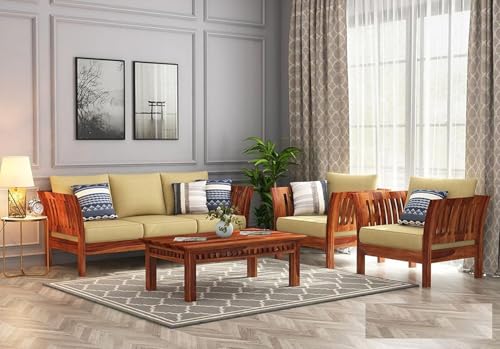 Image of Sheesham Solid Wood Curved Sofa | Handcrafted Wooden Sofa for Living Room | Natural Finish | Elegant & Durable Home Furniture (Honey, 5)
