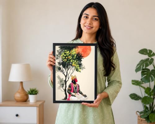 Image of Hanuman Meditation Wall Art Framed Print, 21x29 cm, Spiritual Hindu Mythology Poster for Living Room, Home Temple, Office, Rectangular