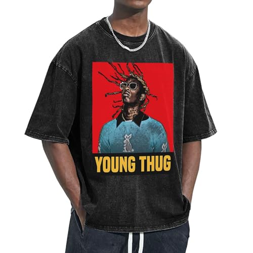 Photo de Young Rapper Thug T-Shirt Oversize délavé Vintage – T-Shirt rétro Hip-hop Streetwear à Manches Courtes pour Homme, Haut décontracté à épaules Tombantes et Doux, idéal pour Les Fans Large
