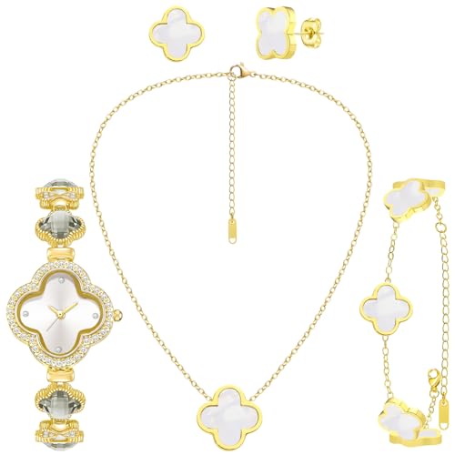 SUBANG 5 Pieces Lucky Clover Jewelry Set for Women Gold Jewelry Set 18K Gold Plated Flower Design Four Leaf Necklace Bracelet Watch Earrings for Wome