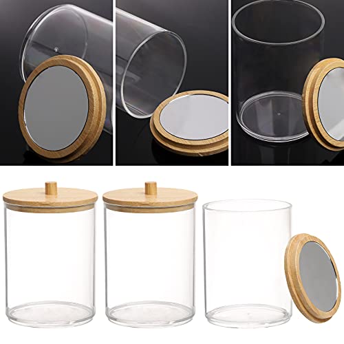 Tbestmax 10-Ounce Plastic Qtip Holder Apothecary Jars Bamboo Lids With Mirror, Cotton Ball Swab Pad Dispenser Bathroom Canisters (3 Pack) #TOP2