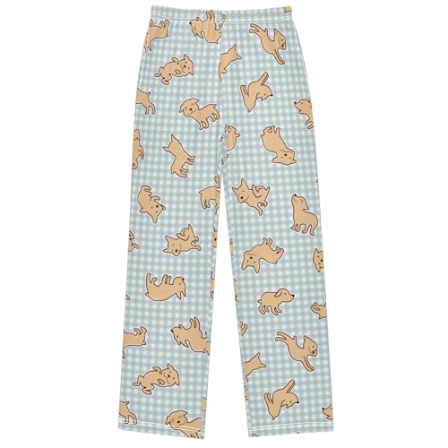 Boy's Pj Pants Yellow Dog Little Blue White Plaid Lounge Bottoms Elastic Waist Kids Joggers with Pockets Size 6-14
