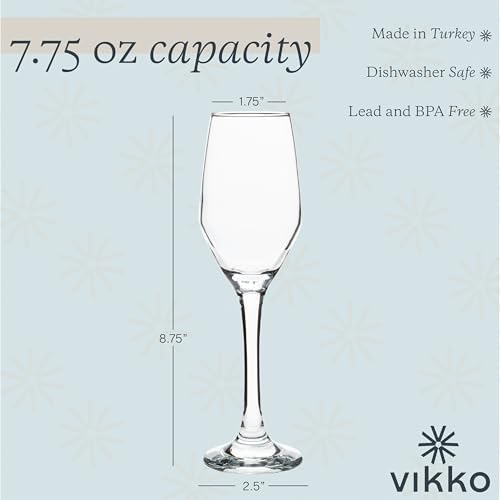 Vikko Champagne Flutes, Set of 6 Elegant Champagne Glasses, 7.75 Ounce Capacity, Exquisite Design, Wedding Champagne Flutes for Toasts and Special Occasions, Housewarming Gift, Dishwasher Safe