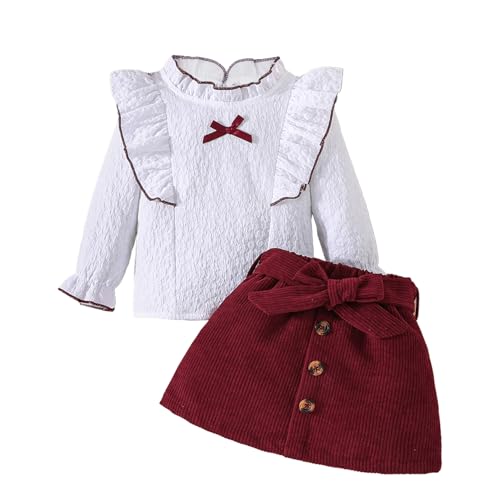 LUVCES Abbigliamento Bambina Vestito Set Manica Lunga Volant Top + Bottoni Papillon Minigonne 2 Pezzi Ragazze di Vestiti Outfit Borgogna + Bianco 4-5 Anni