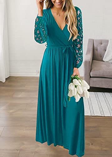 Image of Kranda Womens Vintage Floral Lace Long Sleeve Faux Wrap V Neck Party Long Maxi Dress