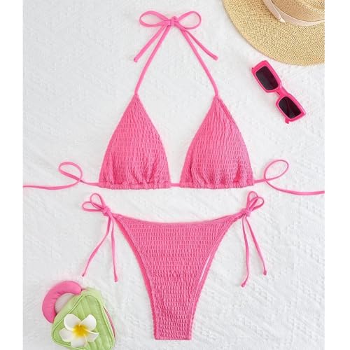 Bikini triangle en polyester avec cordon ajustable rose taille M - 4