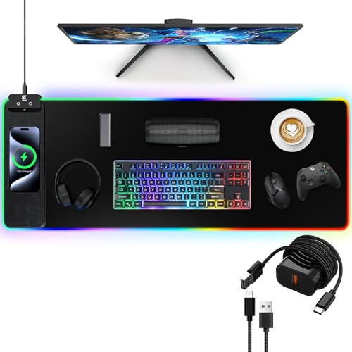Image of RGB Gaming Mouse Pad with Fast Wireless Charger, LED Extended Desk Mat, Home Office Large Desk Pad with Ultra-Smooth Surface, Non-Slip Base, Waterproof Keyboard Pad (Black)