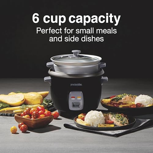 Proctor Silex Rice Cooker & Food Steamer, 6 Cups Cooked (3 Cups Uncooked), Includes Steam and Rinsing Basket, Black (37510)