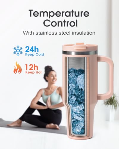 Image of Coolflask 40 oz Pink Insulated Tumbler With Handle, Lid and Straw - Stainless Steel Vacuum Travel Mug for Cup Holder, Keeps Cold for 24 Hrs /Hot for 12 Hrs