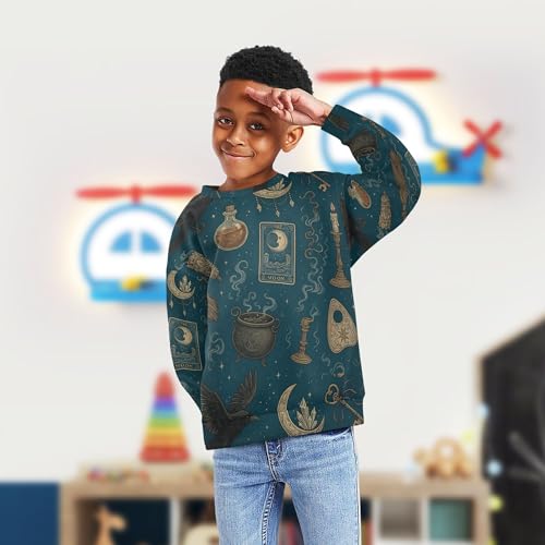 JUNZAN Vintage Witchy Pattern Kids Boys Sweatshirts Hoodies Crewneck Boys Sweat Shirt Athletic 4T4