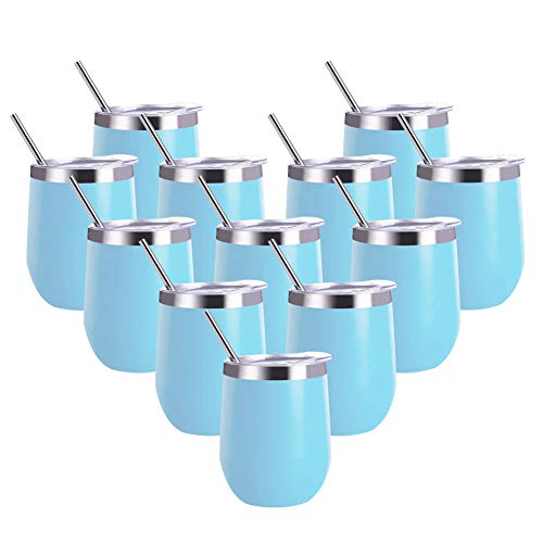 Get Popular Offer Sangyn Stemless Wine Tumbler, 12 Oz Stainless Steel Wine Glass with Straws and Lids, Unbreakable Double Wall Insulated Tumbler Cup for Wine, Coffee, Drinks, Champagne and Cocktails