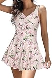 SHEKINI Women's Swimsuits Tummy Control Dress One Piece Swimsuit V Neck Bathing Plus Size Swimwear(Pink Rose,X-Large)