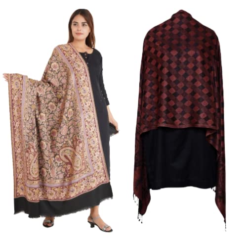 Women's Weave Regular Fit Faux Wool Kashmiri Shawl & Stole Combo of 2 (Size: 40 X 80 Inches) Kashmiri Embroidered Wool Shawl Silk Paisley Design Shawls, Stoles-image-1