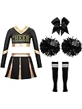 JanJean Mädchen Halloween Cheer Leader Kostüm Kinder 2tlg Cheerleadering Uniform mit Pompoms Bauchfrei Oberteil Cheer Leader Rock Karneval Fasching Party E Schwarz 134-140