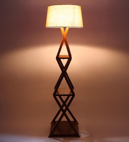 Image of XXX Modern Wooden Metal Floor Lamp with 3-Tier Storage Shelves - Geometric Cross-Frame Standing Lamp for Living Room & Bedroom - Tall Decorative Display Shelf Light with Shade