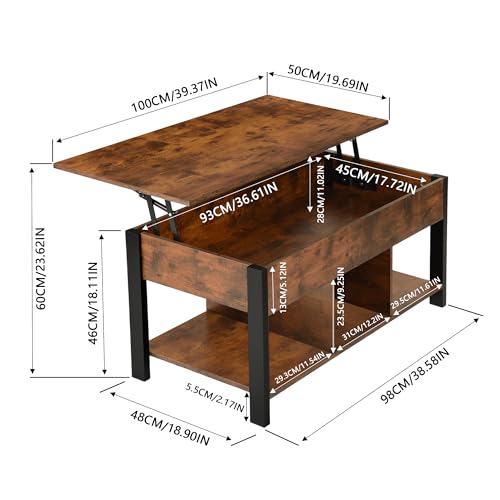 buybyroom lift top coffee table with storage, dark wood storage coffee table, rustic tables for living rooms, Ideal for living spaces and bedrooms, 100×750×762cm, brown and black - Image 2