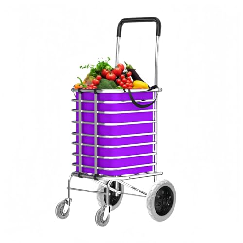 VZX持ち運びが容易な手押し台車、家庭用小型、静音、キャスター付き、軽量で丈夫、荷物を運ぶ、釣り、アウトドア、コンパクト、買い物、組み立てが簡単 (4輪平地発泡ゴム-紫バッグフックロープ)