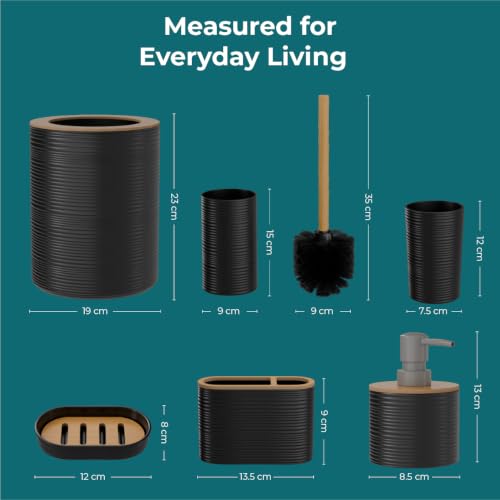 Image of Lifelong Bathroom Accessories Set of 6 with Bamboo Finish | Complete Bathroom Organizer Kit with Soap Dispenser, Toothbrush Holder, Tumbler, Soap Dish, Toilet Brush & Dustbin | Black