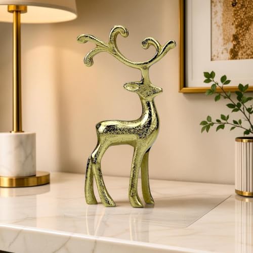 Image of Shiny Gold Metal Reindeer Figurine for Home Decor, Elegant Standing Deer Statue for Living Room, Tabletop Showpiece, Decorative Ornament for Office & Home Interior, Size: 26 cm Height