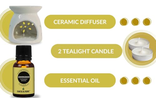 Image of Earth N Pure Ceramic Aroma White Diffuser Burner with 10Ml Lemongrass Oil & 2 Pcs Candles Strong & Long-Lasting Fragrance | Perfect for Gift Set