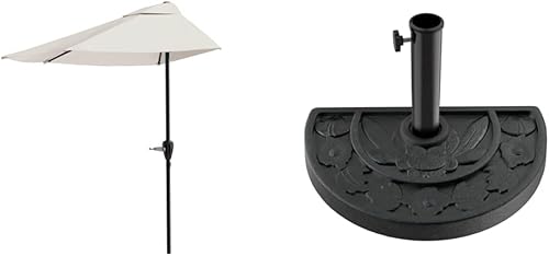 Pure Garden 9-Foot Half Patio Umbrella Easy Crank Semicircle Opening Shade Canopy & 50-146 20 Pound Base 20 Pound Half Round Patio or Deck Umbrella