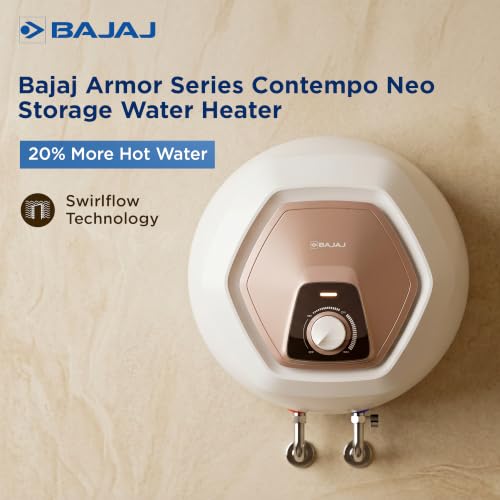 Image of Bajaj Armor Series Contempo Neo 15L Storage Water Heater For Home|5 Star Rated Geyser For Bathroom|Glass-lined Coating|Non-Stick Heating Element|Suitable For High Rise Building|White & Beige