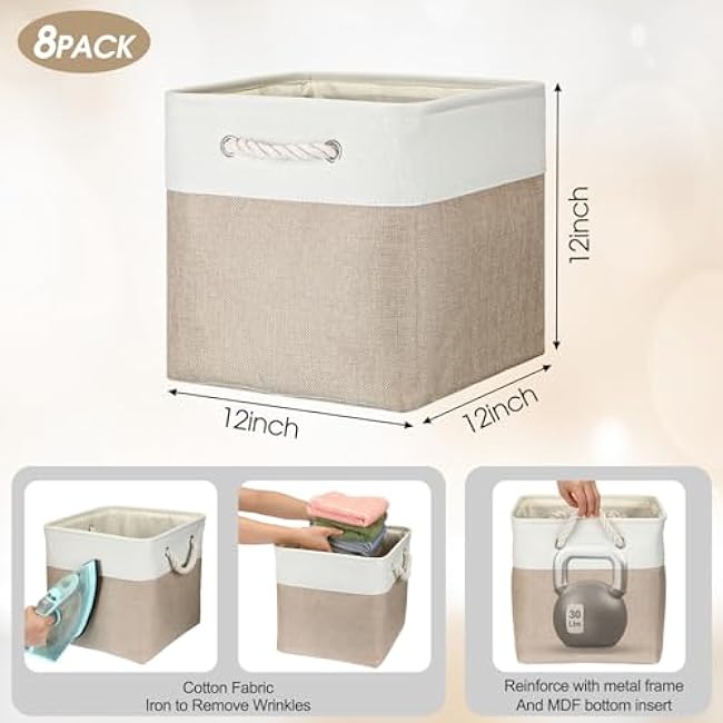 meekoo 8 Pack Collapsible Storage Bins Fabric Storage Bins Polyester Fabric Baskets with Handles Linen Closet Organizer for Shelf Home Closet Towels Toys(12 x 12 x 12 in,Beige)