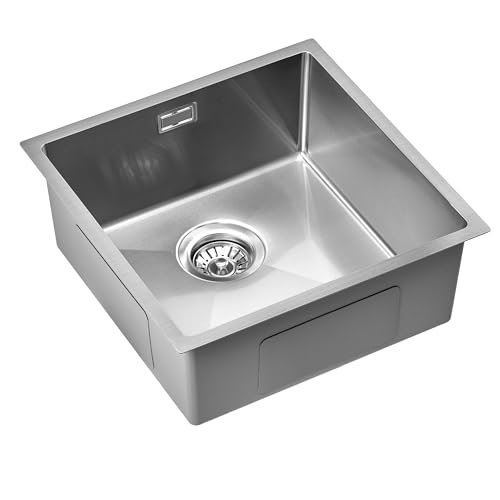 Doirteal 44x44 cm Nano-Silber Edelstahlspüle – 304 Edelstahl Küchenspüle Unterbau, Kratzfest, Einzelbecken mit X-Ablauf & Schallschutz, Waschbecken für Küche & Wohnmobil