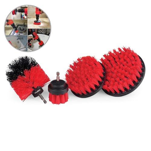 Image of TUQO SB20R Drill Brush Attachment Set | Power Scrubber Cleaning Kit for Outdoor Surfaces, Siding, Gutters, Brick & Garage | Stiff Bristles | Hex Shank Fits Most Drills | Red