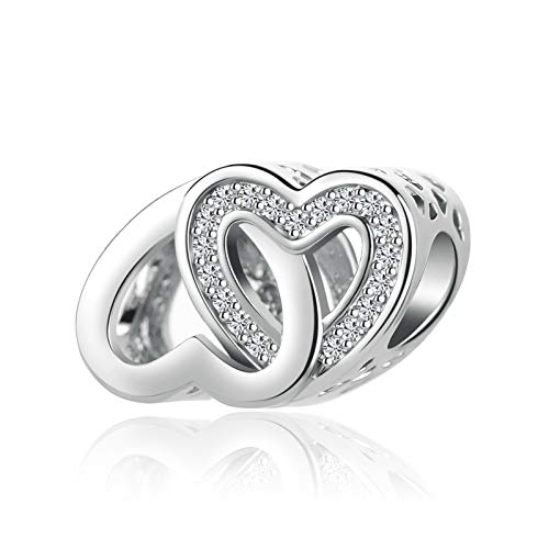 Sparkling Love Heart Charm for Bracelet Silver Cubic Zirconia Bracelets Bead for Women Love Wife Girlfriend Valentine Family