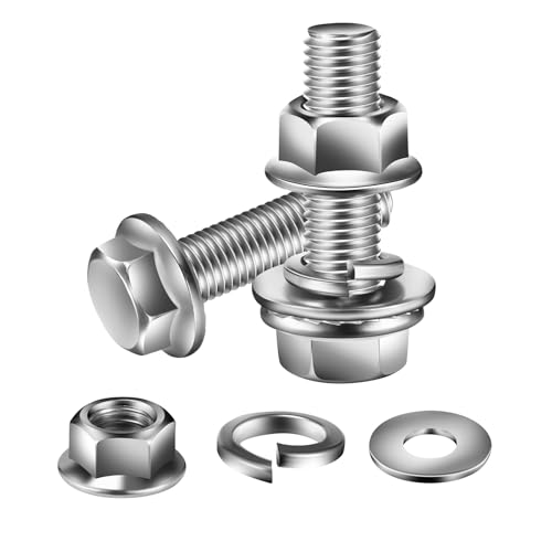 M8 x 16mm Flanged Hex Head Bolts, Nuts, Flat &amp; Lock Washers, 20Pcs 18-8 (304) Stainless Steel, Fully Threaded, by SG TZH